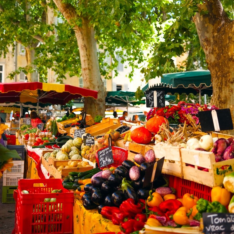 Weekday fresh produce market in Provence